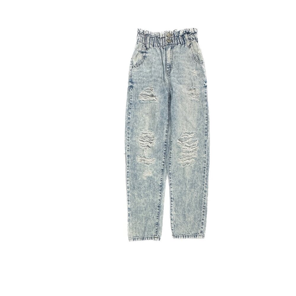 SO High Rise Mom Distressed Paper Bag Waist Women's size 0 Light Blue Denim Jean